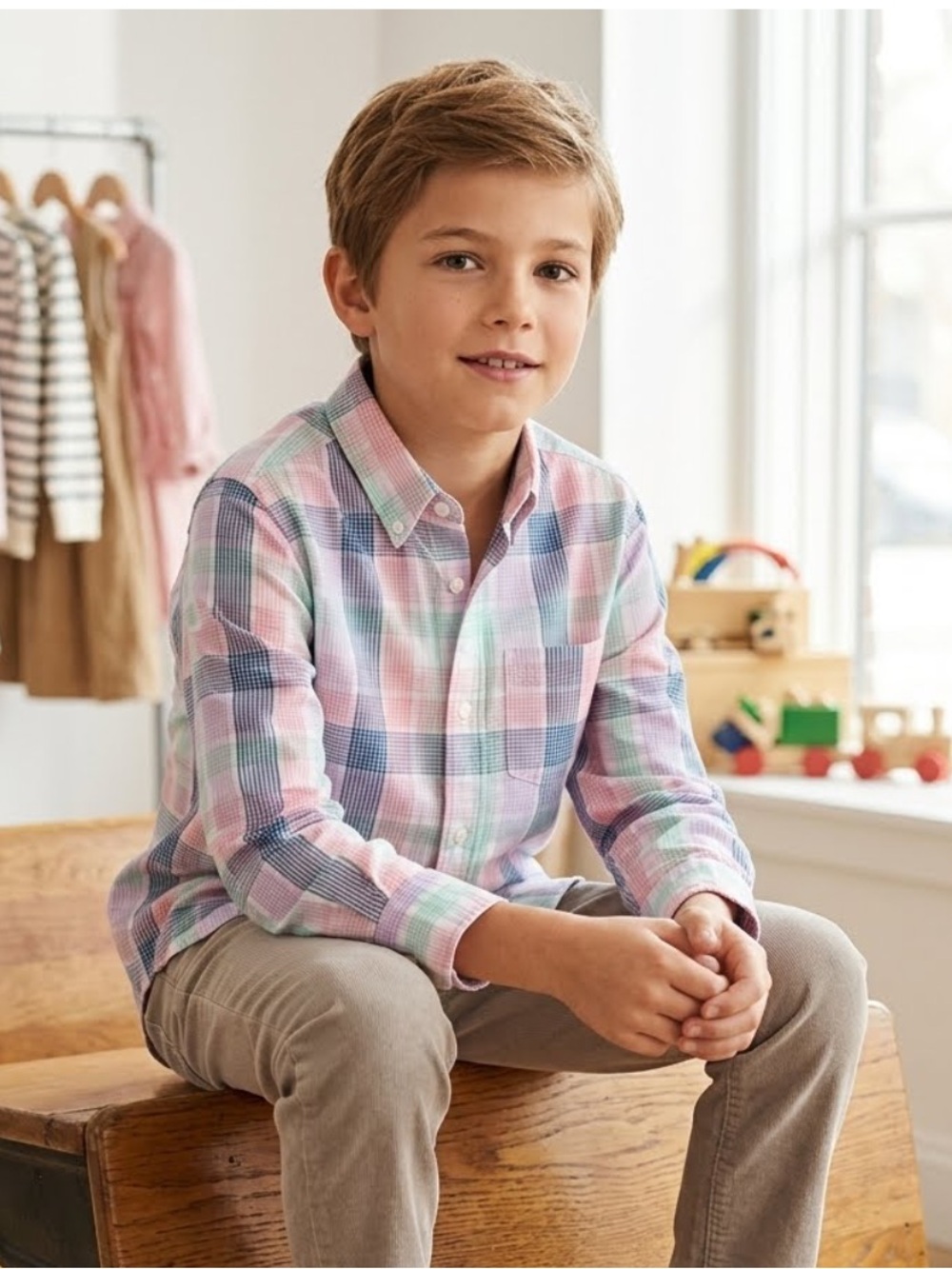 Crewcuts Boys Pastel Plaid Button-Down Shirt - Pink, Blue & Mint - size 10